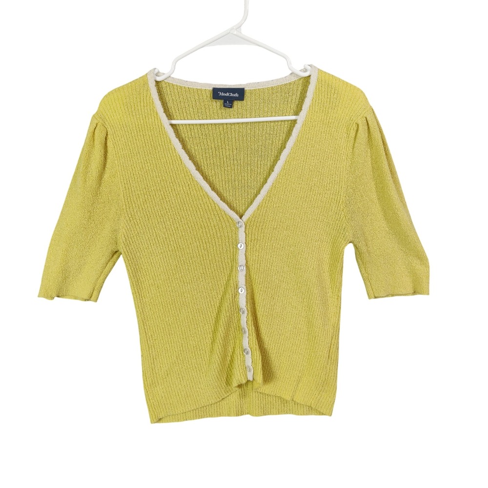 ModCloth‎ Yellow Knit Cropped Cardigan Sweater Puff Sleeve Button Womens Large